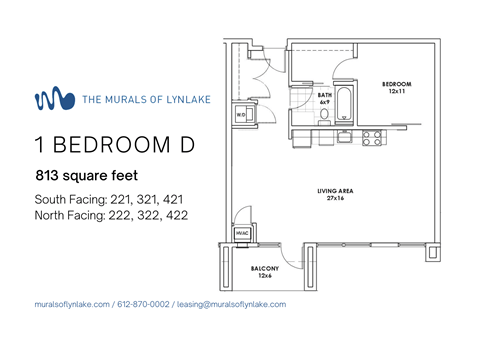 Floor plan for 1 bed, 1 bath, 813 sqft